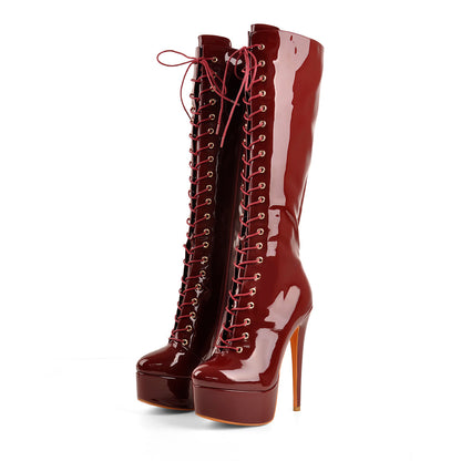 Patent Leather Platform Lace Up Knee High Boots