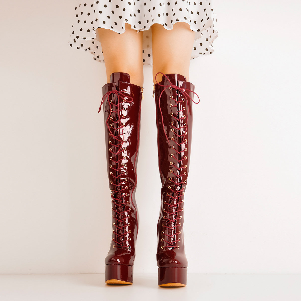 Patent Leather Platform Lace Up Knee High Boots