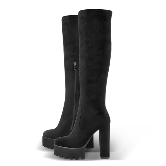 Platform Chunky Heels Round Toe Black Suede Over The Knee Boots