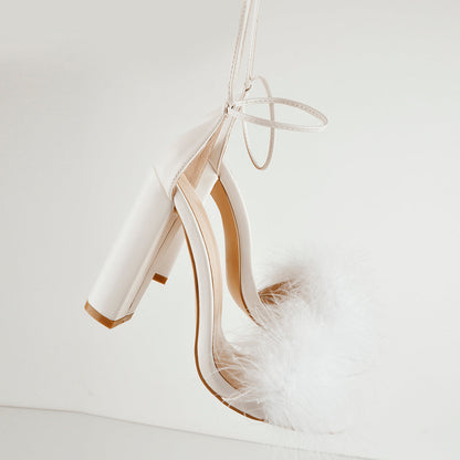 Fluffy Feather Chunky High Heel Sandals