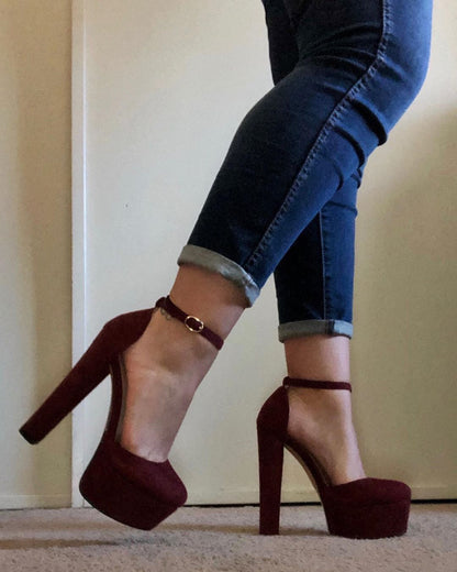 Platform Chunky High Heel Mary Jane Burgundy Pumps