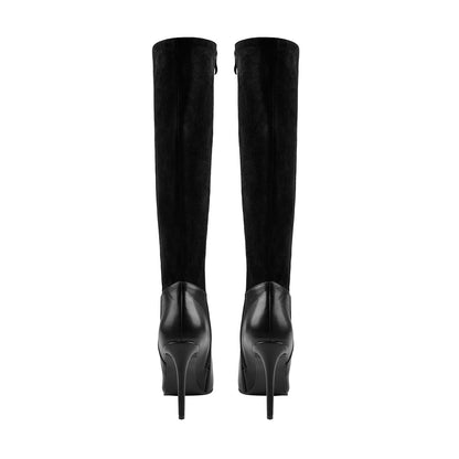 Suede Patchwork Pointed Toe Stiletto Wide High Boots