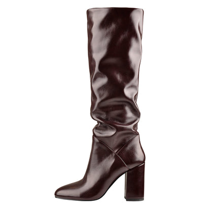 Round Toe Crinkle Knee High Chunky Heels Boots