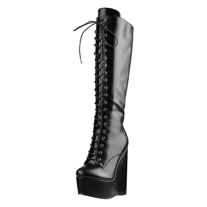 Round Toe Wedge Heel Lace Up Zip Knee High Boots