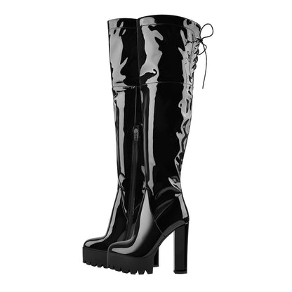 Patent Black Platform Lace Up Chunky Heels Thigh Boots