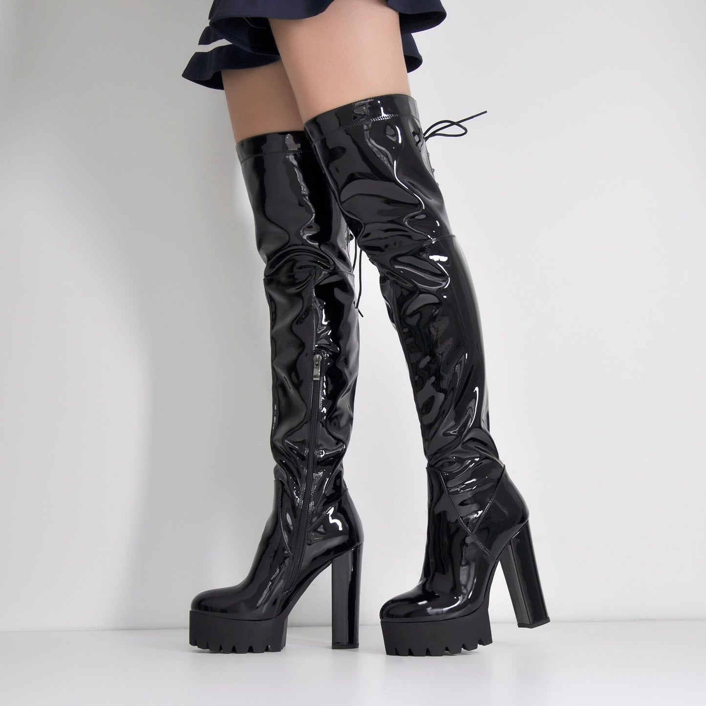 Patent Black Platform Lace Up Chunky Heels Thigh Boots