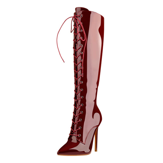 Red Patent Leather Lace Up Pointed Toe Knee High Boots