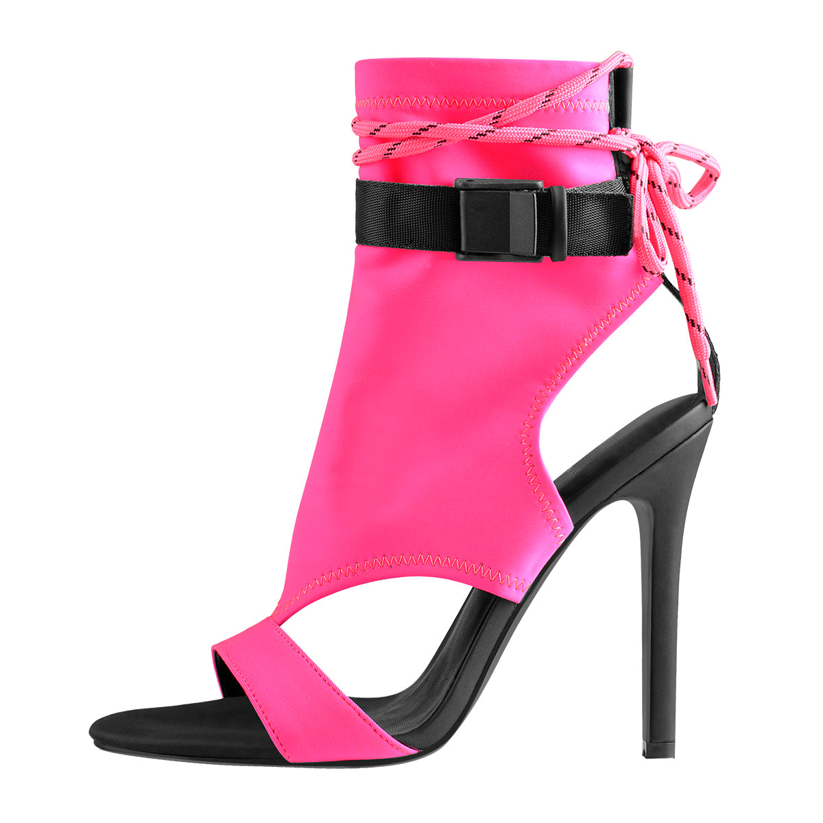 Open Toe Lace-up Ankle Buckle Pink High Heels Booties Sandals