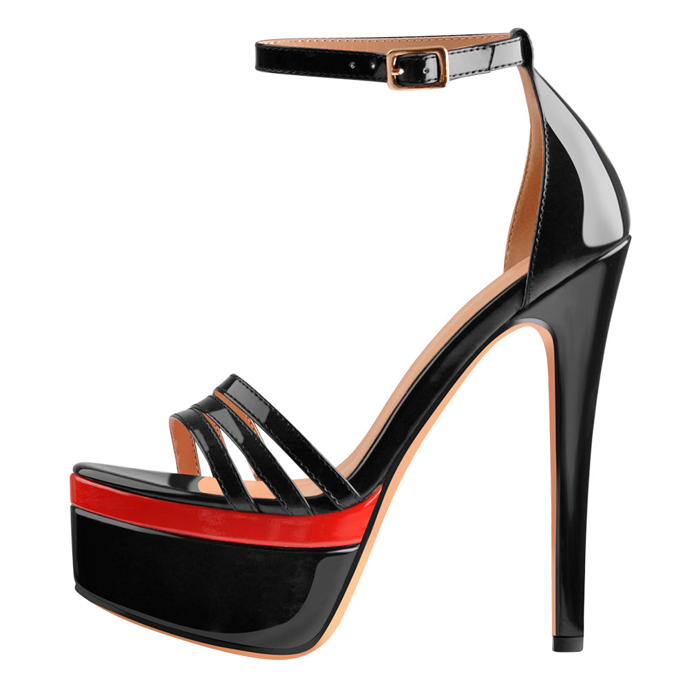 Patent Leather Round Toe Black Red Double Platform High Heel Ankle Buckle Strap Sandals