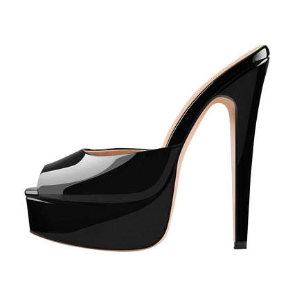 Peep Toe Black Patent Leather Stiletto High Heel Mules Sandals