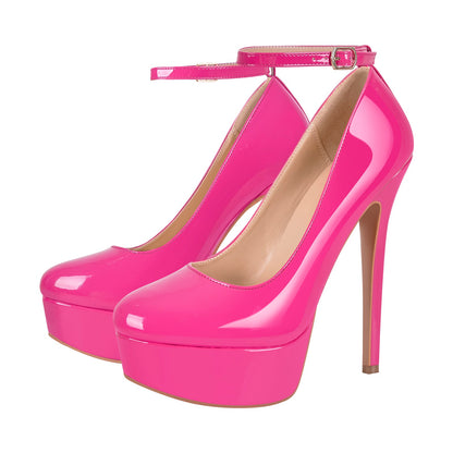 Round Toe Ankle Strap Platform Stiletto Pumps