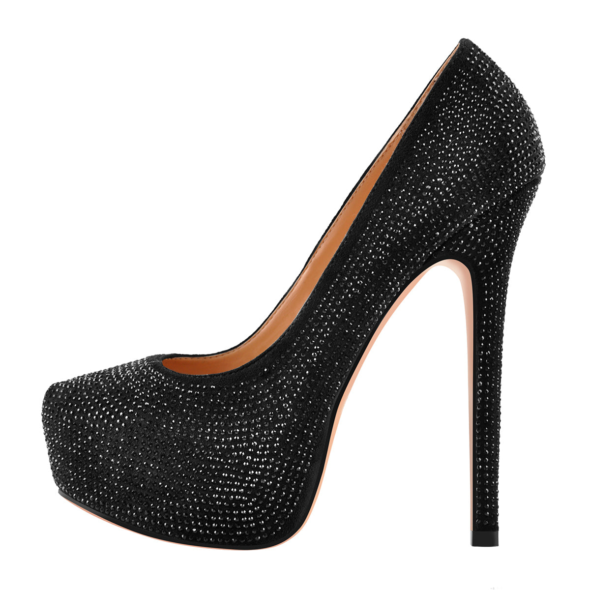 Black Platform Glitter Round Toe Stilettos Pumps