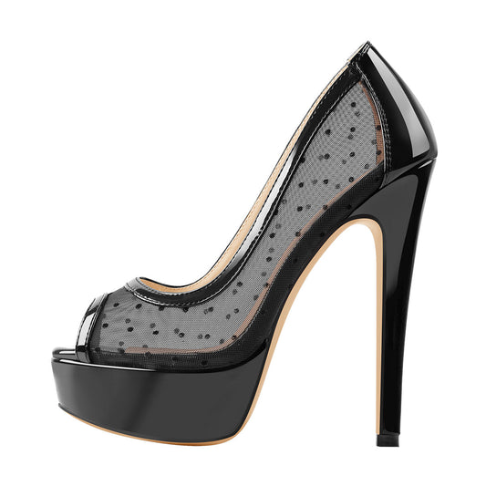 Peep Toe Black Platform Grid High Heel Stiletto Pumps