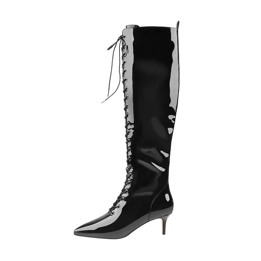 Patent Leather Pointed Toe Knee High Mid Heel Boots