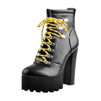 Yellow Strappy Round Toe Platform Chunky Heels Ankle Boots