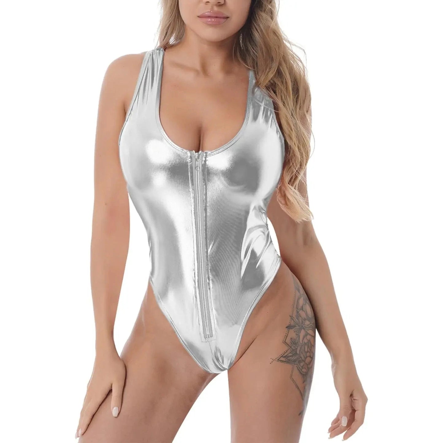 Metallic Zipper Crotch Bodysuit