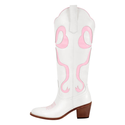 White Pointed Toe Pink Bow Knee High Western Boots