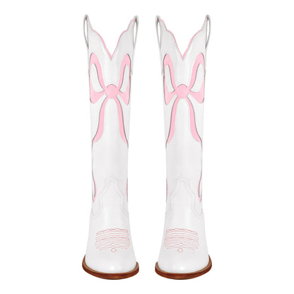 White Pointed Toe Pink Bow Knee High Western Boots