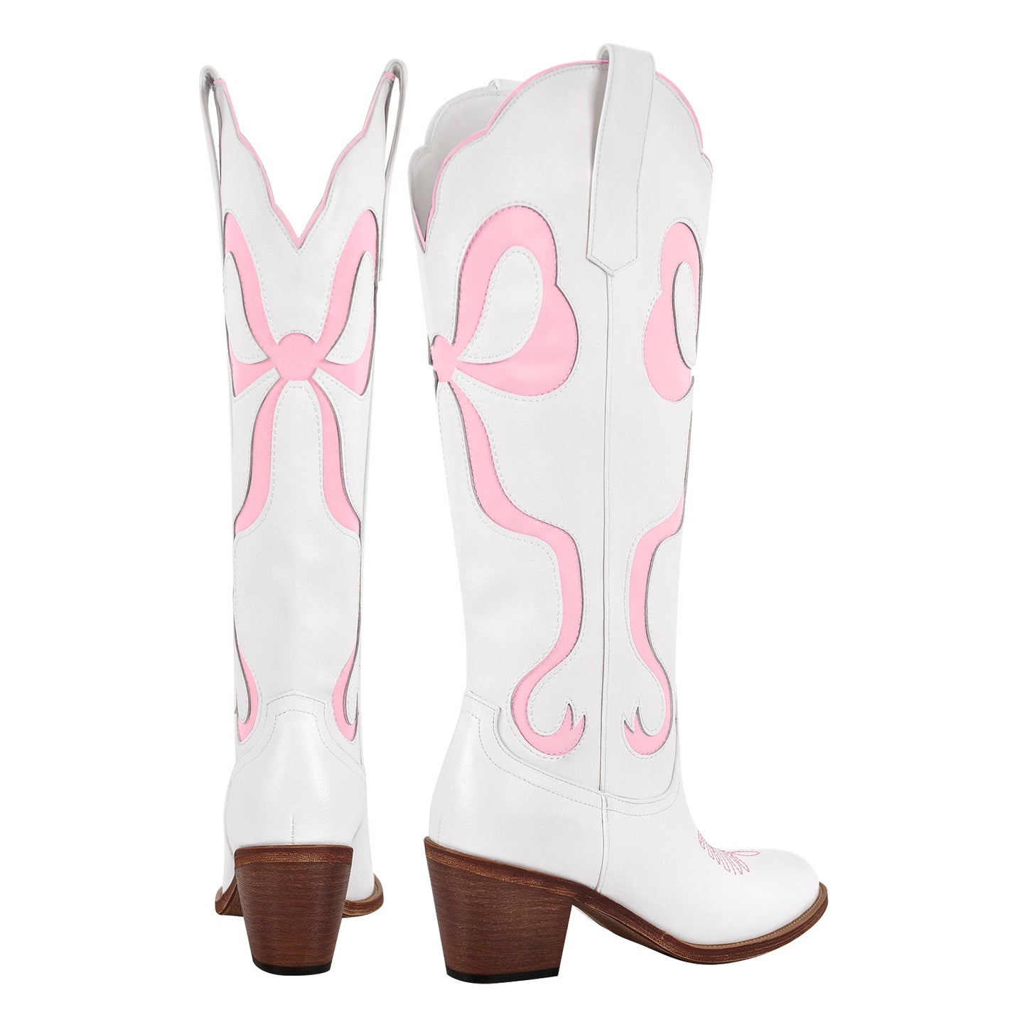 White Pointed Toe Pink Bow Knee High Western Boots