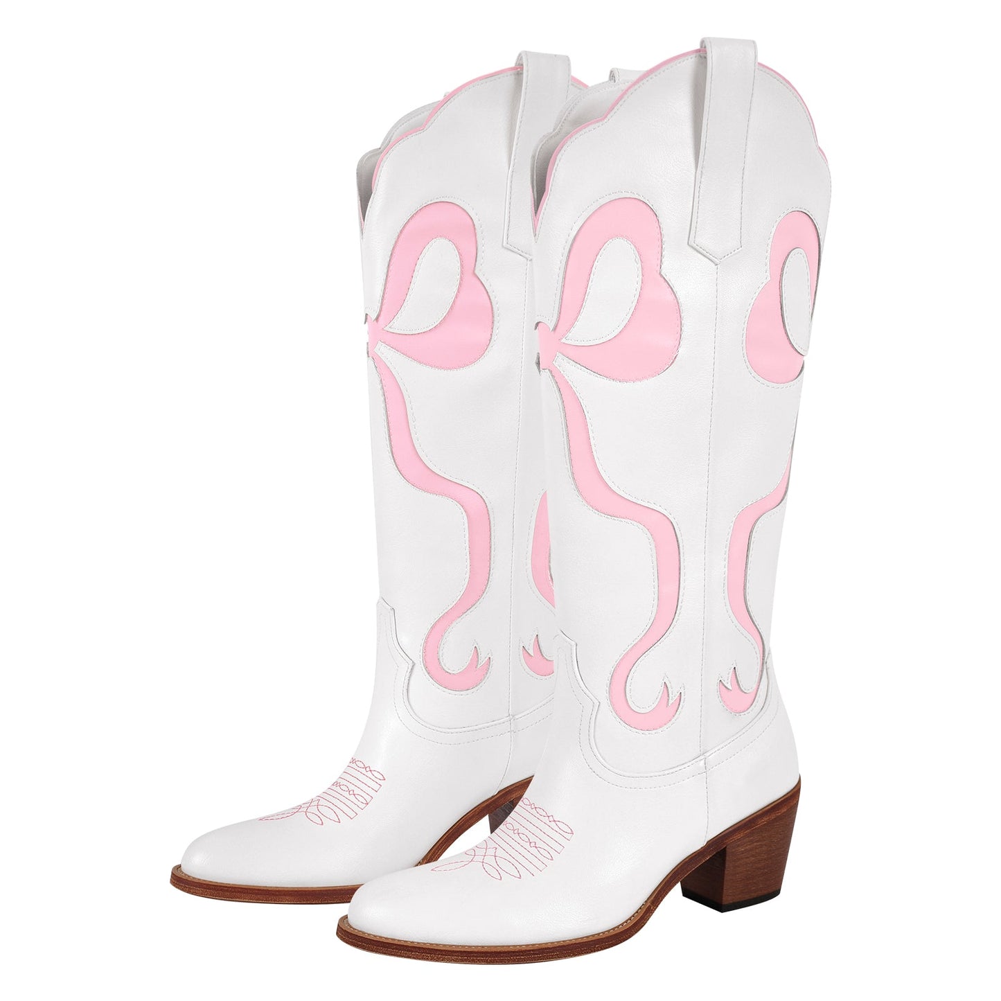 White Pointed Toe Pink Bow Knee High Western Boots