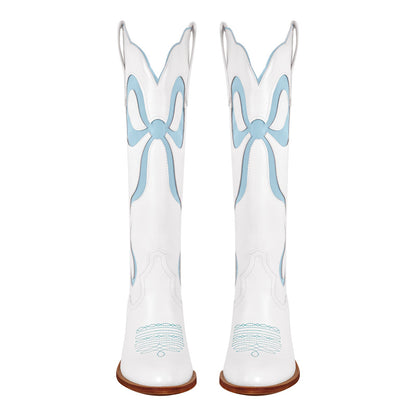 White Pointed Toe Pink Bow Knee High Western Boots