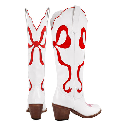 White Pointed Toe Pink Bow Knee High Western Boots