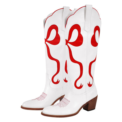 White Pointed Toe Pink Bow Knee High Western Boots