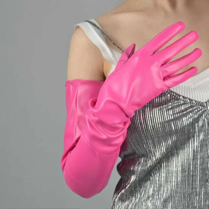 Pink Leather Extra Long Gloves