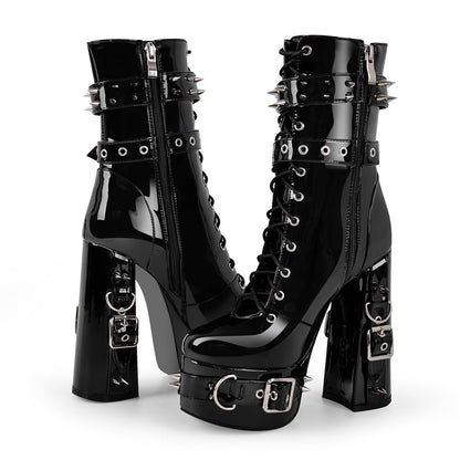 Rivet Belt Buckle Platform Lace-up Chunky Heel Boots