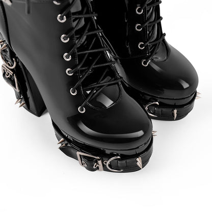 Rivet Belt Buckle Platform Lace-up Chunky Heel Boots