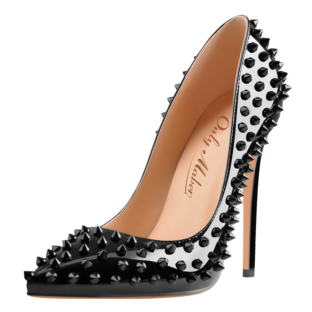 Pointed Toe Rivets Pumps Black Patent Leather Studded High Heels Pumps