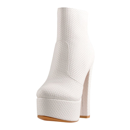 White Fine Weave Pattern Platform Chunky Heel Ankle Boots