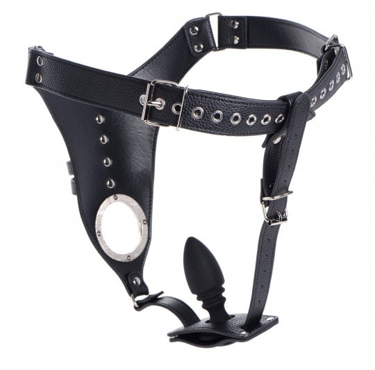 Sissy's Total Surrender: Leather Chastity Harness with Anal Training Plug