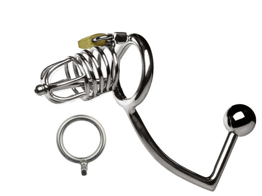 Metal Chastity Cage with Butt Plug Attachment and Urethral Catheter