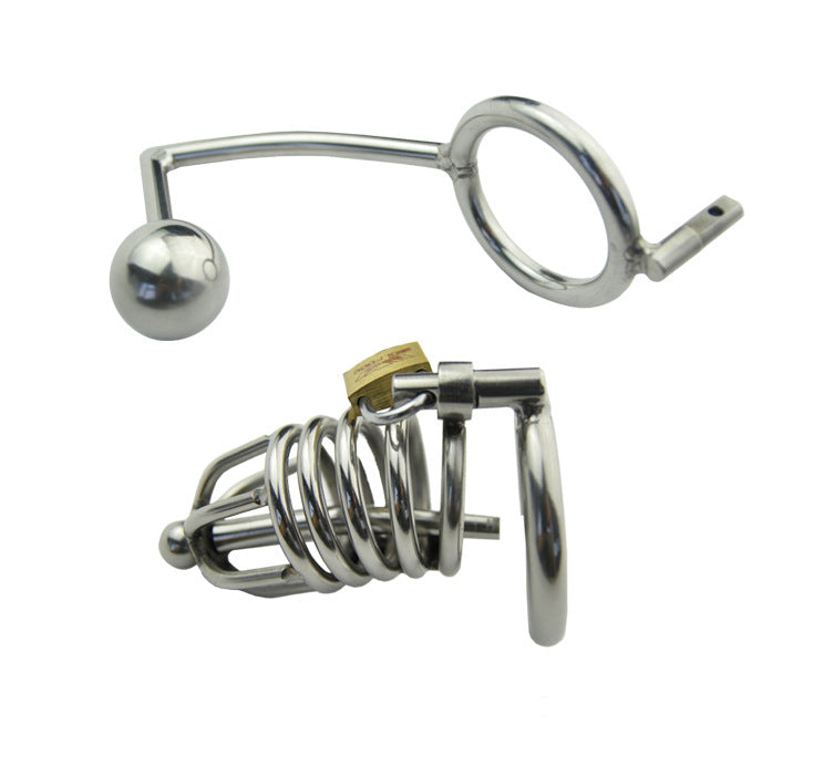 Metal Chastity Cage with Butt Plug Attachment and Urethral Catheter