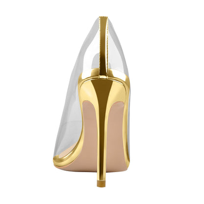 Transparent Pointed Toe Slip on Gold High Heel Stiletto Pumps