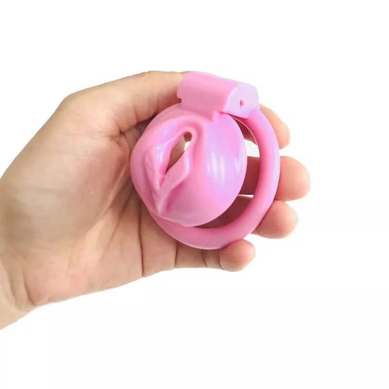 Pink Chastity Cage With 4 Rings Pussy Shaped