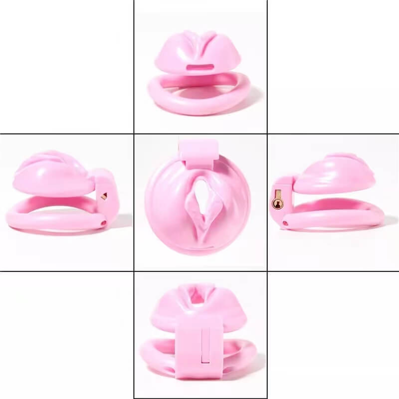 Pink Chastity Cage With 4 Rings Pussy Shaped