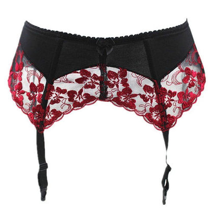 Embroidered Red Floral Garter Belt