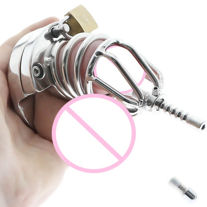 Stainless Steel Chastity Cage Ball Stretcher with Urethral Catheter Cock Cage