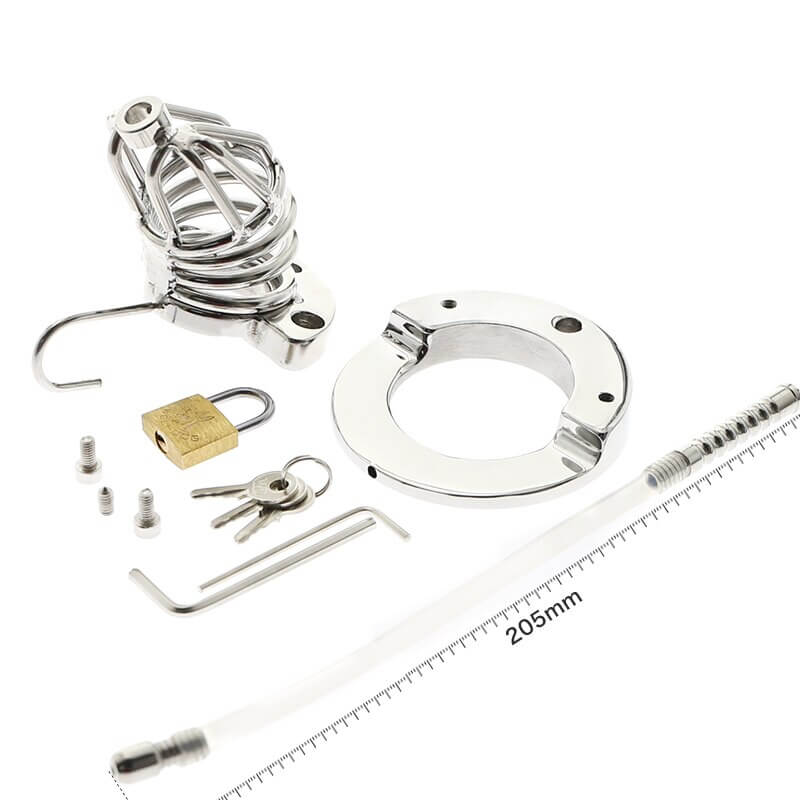 Stainless Steel Chastity Cage Ball Stretcher with Urethral Catheter Cock Cage