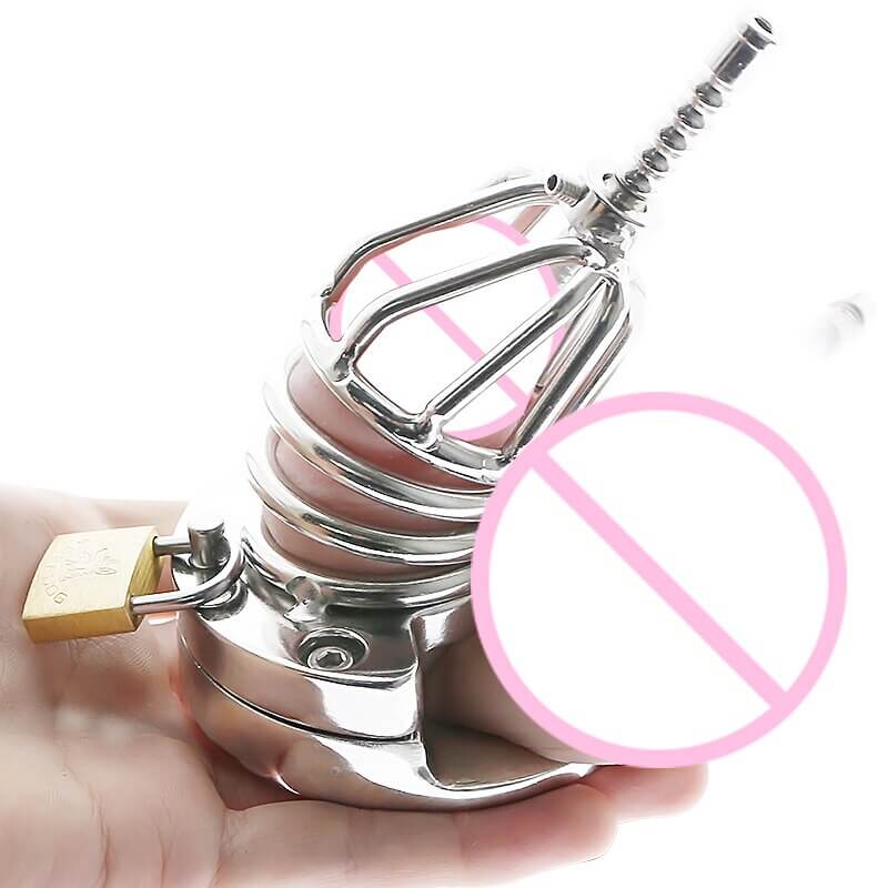 Stainless Steel Chastity Cage Ball Stretcher with Urethral Catheter Cock Cage