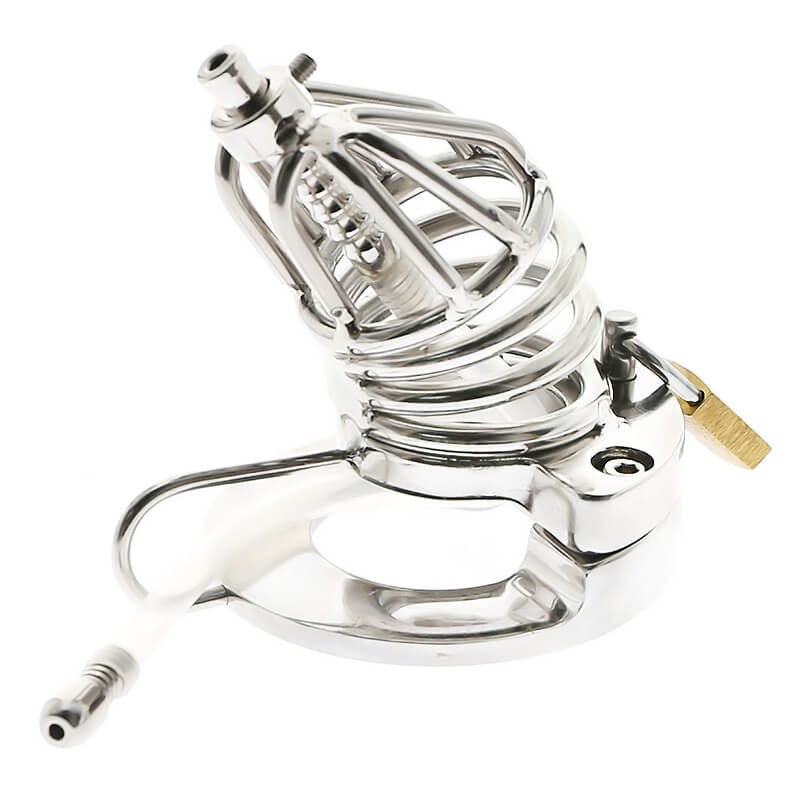 Stainless Steel Chastity Cage Ball Stretcher with Urethral Catheter Cock Cage