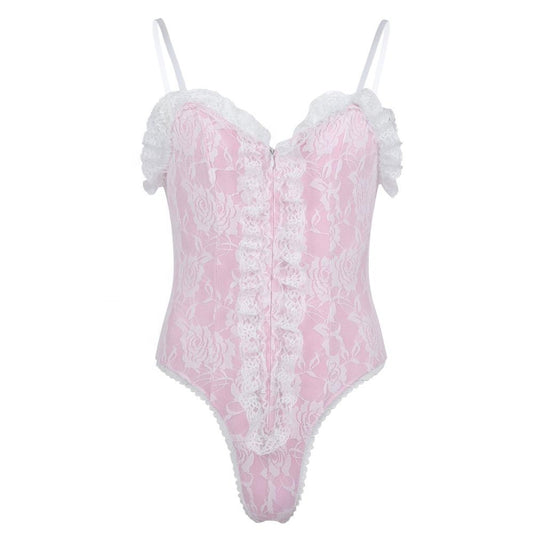 High Cut Ruffle Lace Bodysuit - Sissy Lux